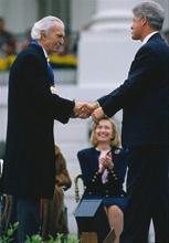Being congratulated by President Bill Clinton,  1994, whilst receiving the National Medal of Arts. 